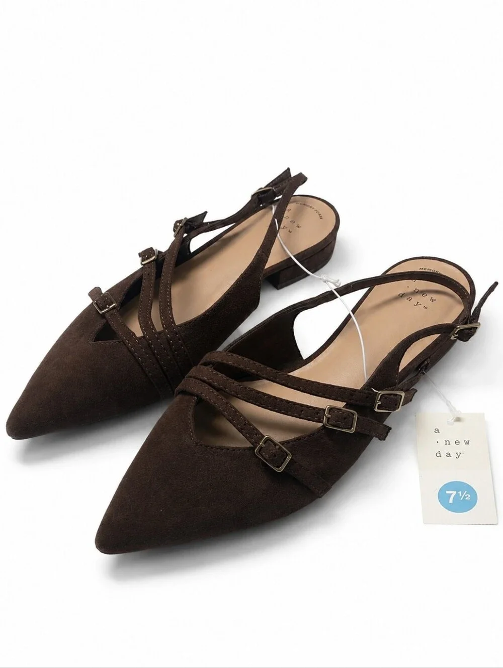 A New Day Twiggy Brown Multi Buckle Pointed Toe Flats Size 7.5 NWT